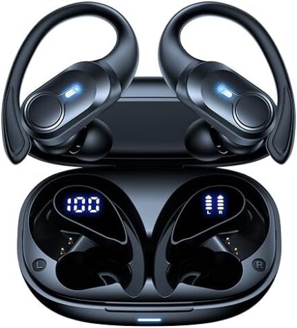 Wireless Earbuds Bluetooth Headphones 70hrs Playback Ear Buds IPX7 Waterproof with Wireless Charging Case & Dual Power Display Over-Ear Stereo Bass Earphones with Earhooks for Sports/Workout/Running