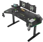 X-WIN Standing Gaming Desk, 63" Wing-Shaped Studio Music Desk with LED Lights, Height Adjustable Standing Desk with Slot Design Shelves, for Live Streamer, Social Media Influence, and Music Recording