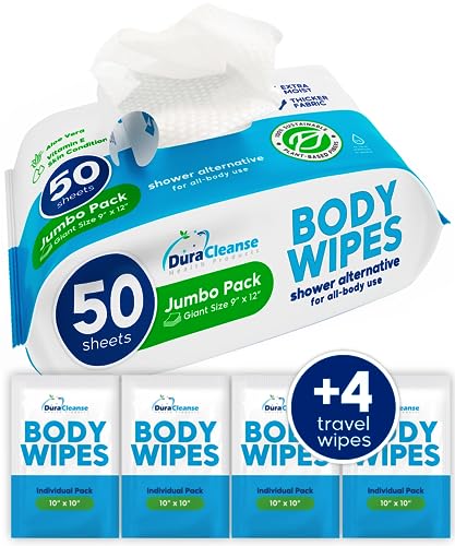XL Body Wipes (50 Count) + 4 Travel Bath Wipes - 9" x 12" No Rinse Thick Cleansing Shower Wipes, Disposable Washcloths for Adults with Aloe Vera & Vitamin E for Bathing, Camping, Elderly Incontinence