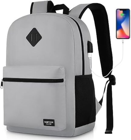 YAMTION 17 Inch Unisex School Backpack,Classic Bookbag Adults and Teens Schoolbag with USB Port for High School College Office Work Travel