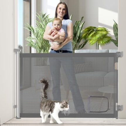 YCDTMY Baby Gate with Cat Door, Retractable Baby Gates for Stairs, 33" Tall, Extends up to 55" Wide, Mesh Dog Gate for Doorways Hallways, Pet Gate Indoor Outdoor, Safety Child Gate, Grey