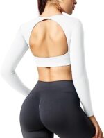 YEOREO Ultimate Workout Crop Tops for Women Long Sleeve Open Back Shirts Padded Bra Backless Yoga Gym Tops