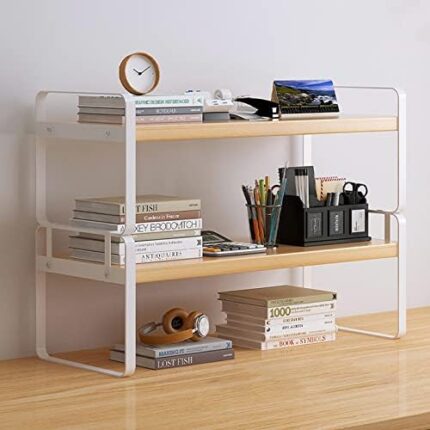 YGYQZ Wood Office Desk Shelf Organizer - Desktop Supplies Cute Dresser Top Organization Storage Rack and Cubicle Decor Aesthetic Bookshelf for Women Man and Kids (Black-Two Tier) (White-Two Tier)