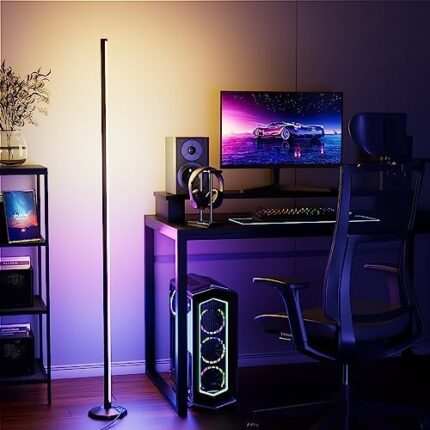 YIKBIK RGB Corner Floor Lamp, 65" Color Changing LED Floor Lamp Bluetooth APP Remote Control Music Sync Modern Standing Lamp 16 Million DIY Colors with Heavy Base for Living Room Bedroom GameRoom