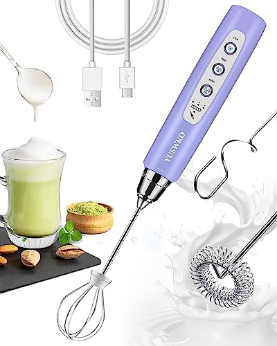YUSWKO Handheld Milk Frother for Coffee, Rechargeable Drink Mixer with 3 Heads 3 Speeds Electric Whisk Coffee Frother For Latte, Cappuccino, Hot Chocolate, Egg - Light Purple