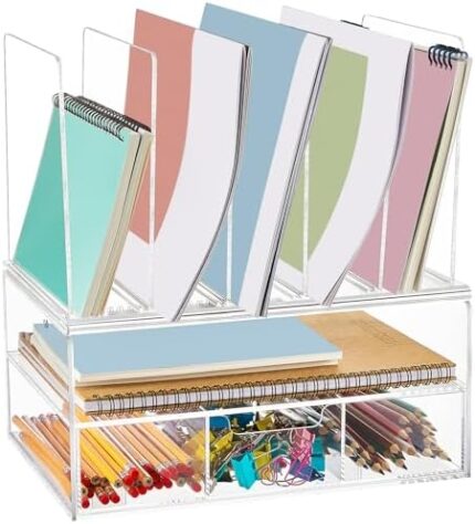 Yeaqee Clear Acrylic Desk Organizer and Accessories Storage File Organizer for Desk with Sliding Drawer Double Tray 4 Compartment Vertical Baffle for Office Dorm Workspace Home Supplies