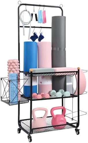 Yoga Mat Storage Racks,Home Gym Storage Rack for Dumbbells Kettlebells Foam Roller Skateboard Balls Yoga Strap and Resistance Bands,Workout Equipment Storage Organizer With Hooks,Wheels and Baskets