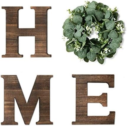 Yoleshy Wooden Home Sign with Artificial Eucalyptus Wreath for O, 9.8'' Letters for Wall Hanging Rustic Letters Decor for Living Room, Entry Way, Kitchen, Etc (Brown)
