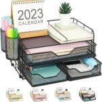 Youbetia Paper Organizer with 3 drawer and 2 pen holder, 2 Tier Letter Tray with Upper Display Rack, Desk Organizers and Desk Accessories for Workspace, Desk Organizer for Office Supplies (BALCK)