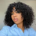 Youngirl Short Curly Wig Human Hair Wigs for Black Women Human Hair Glueless Curly Wig with Bangs Brazilian Virgin Human Hair Wig Machine Made 150% Density None Lace Front Wigs Natural Black