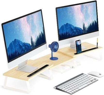 Yuhfera Wooden Monitor Stand Shelf for Desk - Computer Monitor Riser with Storage, Dual Monitor Stand for Laptop, Desktop Monitor with Extra Functional Slot Desktop Organizer Stand (Oak)