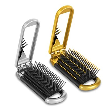 Yusong Mini Travel Hair Brush Set, Folding Hairbrush with Mirror For Women Girls Compact Pocket Size Comb For Purse, Gym, Trip, Swiming (2pcs, Gold&Silver)