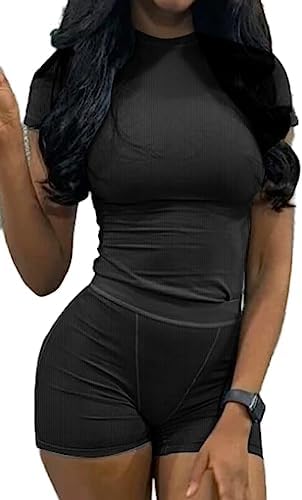 ZFLM Casual Workout Two Piece Outfits for Women Fitted Crew Neck T-shirt High Waist Shorts Matching Sets Streetwear