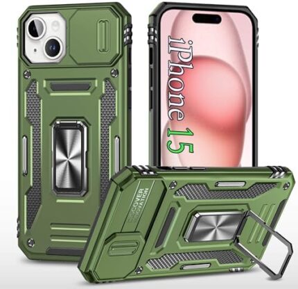 ZOEII Designed for iPhone 15 Case Green,iPhone 15 Phone Case Cover with Camera Cover and Kickstand Heavy Duty Shockproof Case, for iPhone15, 6.1inch,(2023)