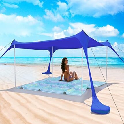 Zeepair Beach Tent Pop Up Shade Canopy Sun Shelter UPF50+ with 4 Stability Poles/Carry Bag/Ground Pegs/Sand Shovel/Windproof Ropes Portable Outdoor Family Sunshade for Beach Camping(Navy Blue,10×10FT)