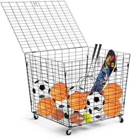 Zonon Sports Ball Basket Organizer with Wheels Large Sports Ball Cart Garage Sports Organizer Bin Multi Sports Ball Basketball Football Soccer Hopper Equipment Cart for School Garage Gym Club