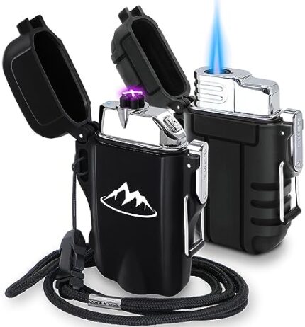 Zoocura 2 Pack Waterproof Lighter Torch Lighter Outdoor Dual Arc Electric Lighters USB Rechargeable Windproof Plasma Lighter with Flashlight Flameless Camping Hiking Adventure Survival Tactical Gear