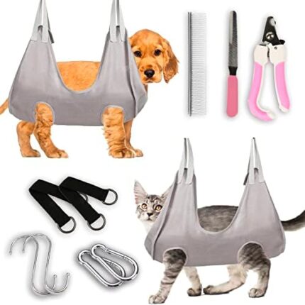 asdfg Pet Grooming Hammock for Cat & Small Dogs Puppy Sling for Nail Clipping Dog Grooming Hammock 5 in 1 Dog Hanger for Nail Trimming with Nail Clipper Hanging Restraints Comb Ear Eye Care Gray_S
