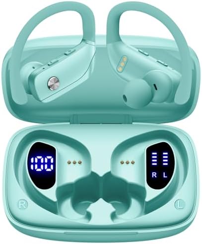 bmani Wireless Earbuds Bluetooth Headphones 48hrs Play Back Sport Earphones with LED Display Over-Ear Buds with Earhooks Built-in Mic Headset for Workout Mint Green