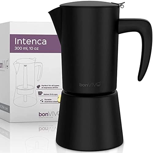 bonVIVO Intenca Stovetop Espresso Maker - Luxurious, Stainless Steel Italian bonVIVO Intenca Stovetop Espresso Maker - Luxurious, Stainless Steel Italian Coffee Maker for Camping or Home Use - Makes 6 Cups of Full-Bodied Coffee - Black, 10oz