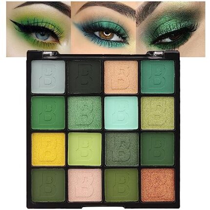 evpct 16 Colors Green Glitter Eye shadow Palette Makeup Waterproof Dark Light Green Yellow orange Brown Shimmer Highly Pigmented Pressed Sparkly Shiny Eyeshadow Palette