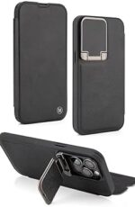 for iPhone-15 pro max case Leather Card Slot Bracket Camera Protection Men/Women Classic Style case (Black)