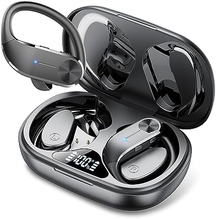 hadbleng Wireless Earbuds Bluetooth 5.3 Headphones 48Hrs Playtime Black Sports Earhooks Over Ear Earphones with LED Display, IPX7 Waterproof Built-in Mic Headset for Workout, Running, Gym