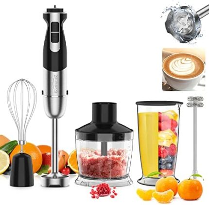 healthomse 5-In-1 Immersion Blender 800W 12-Speed Stainless Steel Hand Blender with Milk Frother, Egg Whisk, BPA-Free 500ml Chopper and 700ml Beaker with Lid for Soup, Smoothie, Baby Food
