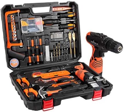 jar-owl 16.8V Tool Kit with Drill, 247 In-lb Torque, 0-1300RMP Variable Speed, 10MM 3/8'' Keyless Chuck, 18+1 Clutch, 1.3Ah Li-Ion Battery & Charger for Home Tool Kit