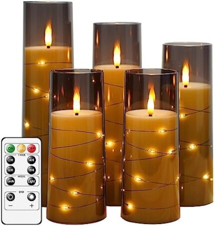 kakoya Flameless LED Candles with Timer 5 Pc Flickering Flameless Candles for Romantic Ambiance and Home Decoration Durable Acrylic Shell,with Embedded Star String，Battery Operated Candles（Grey）