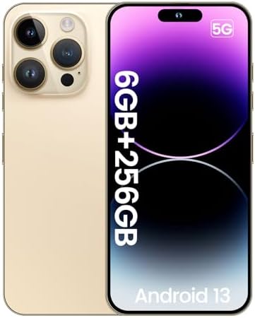 luckeu A14 5G Unlocked Cell Phone, 6.9 Inch FHD+ 90Hz Screen Android 13 Smartphone 6000mAh Battery, 6GB+256GB Octa-Core, 64MP/24MP AI Camera Mobile Phone, Dual SIM with GPS/Face ID - Gold