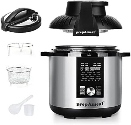 prepAmeal 8Qt Pressure Cooker & Air Fryer Combo with Pressure Lid and Air-Fry Lid - 7-in-1 cooking Modes, Easy Read LCD Display, 27 Presets Programs, & 8 Program Storage. (Silver, 8 Quart)