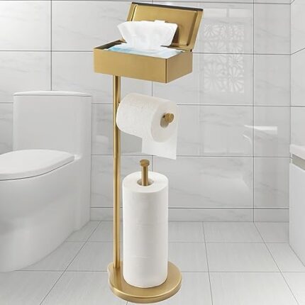 theaoo Gold Toilet Paper Holder Stand with Phone Shelf, Flushable Wipes Dispenser, Free Standing Toilet Tissue Roll Storage Rack Organizer for Bathroom, SUS304 Stainless Steel
