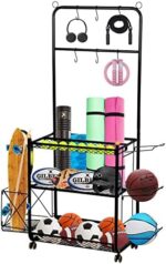 tonchean Garage Sports Equipment Organizer Indoor Outdoor Sports Garage Rack Rolling Ball Storage Garage Organizer with Basket and Hooks Yoga Sports Gear Storage