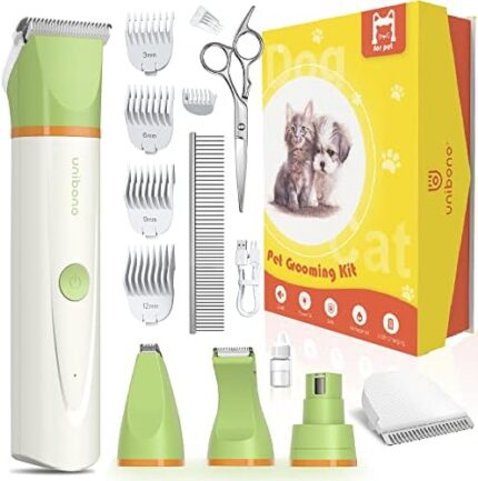 unibono Dog Clippers Grooming Kit Upgraded, Heavy Duty Rechargeable Low Noise Paw Trimmer Quiet IPx7 Electric Home Pet Hair Shaver for Dogs Cats and Other Pets