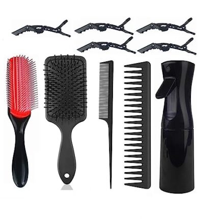 wxnzsl Detangling Brush Set for Curly Hair with Paddle Hair Brush,9 Row Nylon Bristle Brush,Wide Tooth Comb,Tail Comb,Hair Spray Bottle and Black Hair Clips, for Long/Thick/Wave/Natural Hair
