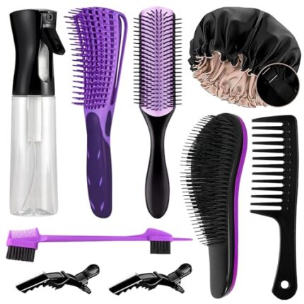 10PCS Detangling Brush Set, Detangling Brush and Comb for Black Natural Hair, Curly Hair Brush Set with Spray Bottle & Sleep Bonnet, Easier and Faster Detangling on Wash Days