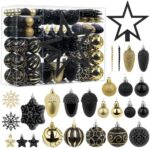 110 Pcs Black and Gold Christmas Ball Ornaments Set, Ornaments for Xmas Tree Decoration Bulk, Shatterproof Decorative Hanging Baubles for Party Holiday Wreath Garland Home Décor