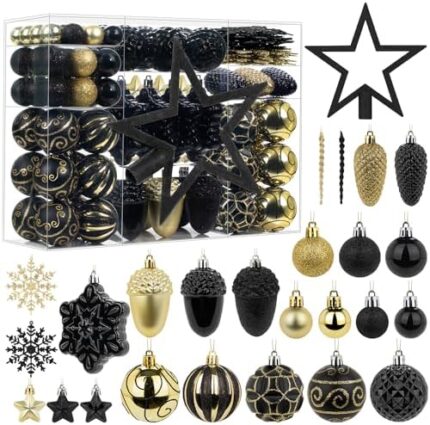 110 Pcs Black and Gold Christmas Ball Ornaments Set, Ornaments for Xmas Tree Decoration Bulk, Shatterproof Decorative Hanging Baubles for Party Holiday Wreath Garland Home Décor
