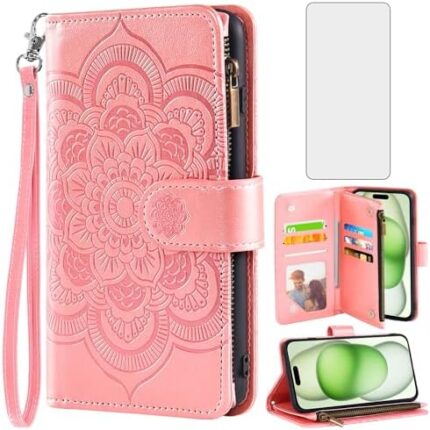 Asuwish Compatible with iPhone 15 Plus 6.7 inch Wallet Case and Tempered Glass Screen Protector Flip Card Holder Cell Phone Cover for i-Phone 15+ iPhone15Plus 5G i i15 + iPhone15 15Plus Men Rose Gold