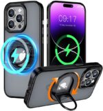 KMXDD Magnetic Case for iPhone 15 Ring Case Compatible with MagSafe Wireless Charging Kickstand Shockproof Matte Translucent Case (iPhone15, Black)