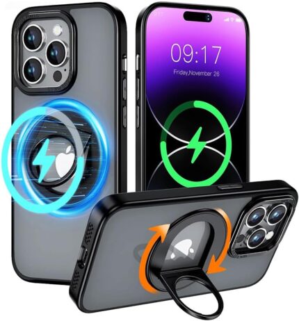 KMXDD Magnetic Case for iPhone 15 Ring Case Compatible with MagSafe Wireless Charging Kickstand Shockproof Matte Translucent Case (iPhone15, Black)