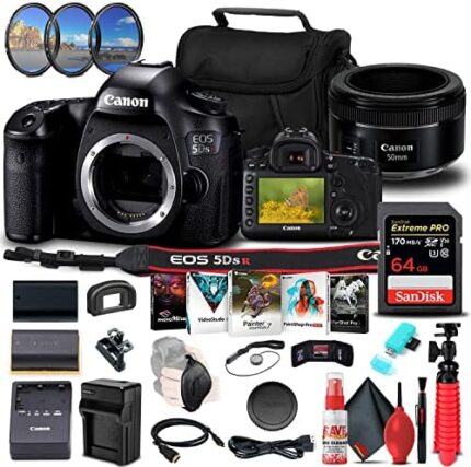 Canon EOS 5DS R DSLR Camera (Body Only) (0582C002) + Canon EF 50mm Lens + 64GB Memory Card + Filter Kit + LPE6 Battery + External Charger + Card Reader + Corel Photo Software + Case + More (Renewed)