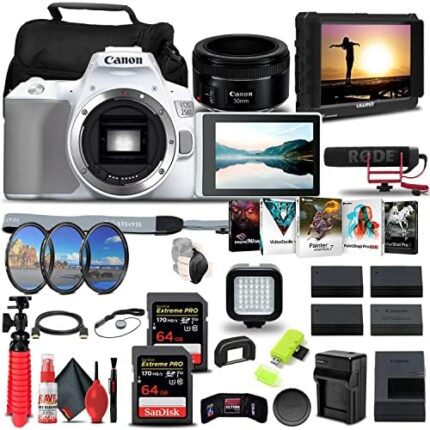 Canon EOS 250D / Rebel SL3 DSLR Camera (Body Only) + (White) 4K Monitor + Canon EF 50mm Lens + Pro Mic + 2 x 64GB Memory Card + Filter Kit + 3 x LPE17 Battery + More (Renewed)