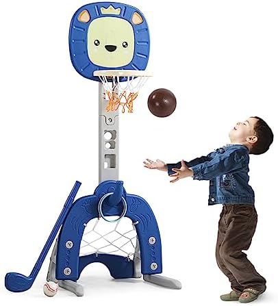 4-in-1 Toddler Basketball Hoop Kids Sports Center with Football/Soccer Goal, Golf Game, and Ring Toss - Ideal Indoor and Outdoor Play Set for Toddlers and Kids(Blue)