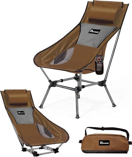 DRAXDOG Camping Chair, 2 Way Compact Backpacking Chair, Portable Folding Chair, Beach Chair with Side Pocket and headrest, Lightweight Hiking Chair ZGWB (Coffee)