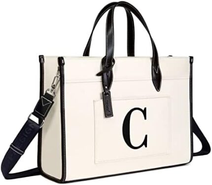 TOPDesign Initial Laptop Tote Bag for Women, Stylish Canvas Bag for 15.6 Inch Computer, Personalized Monogrammed Work Purse, Large Casual Business Briefcase, Office Handbag, Perfect Gifts for Her