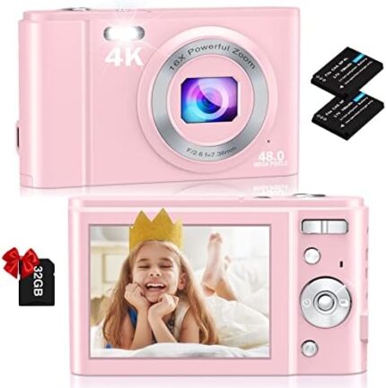 Digital Camera, Nsoela 4K FHD 48MP Kids Camera with 32 GB Card, Compact Point and Shoot Camera, 2.8" LCD Screen,16X Digital Zoom, Portable Mini Kids Camera for Teens,Students,Children (Pink)