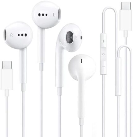 2 Pack USB C Headphones,Type C in-Ear Earbuds with Microphone & Remote Noise Cancelling Wired Earphones for iPhone 15 Pro Max, iPad, Galaxy S23/S22/S21/S20/Note 10/20 Pixel 7/6/6a/5/4
