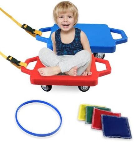 2 Plastic Scooter Boards with Handles for Kids Sitting and Sports Training, with 1 Ring, 2 Ropes and 4 Beanbags, Indoor and Outdoor Play